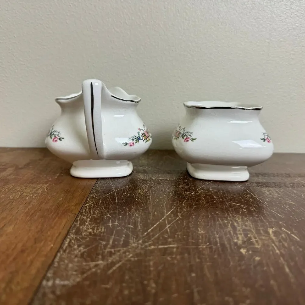 1930s WS George LIDO White Creamer &‎ Sugar Bowl Pink Roses Silver Platinum Trim